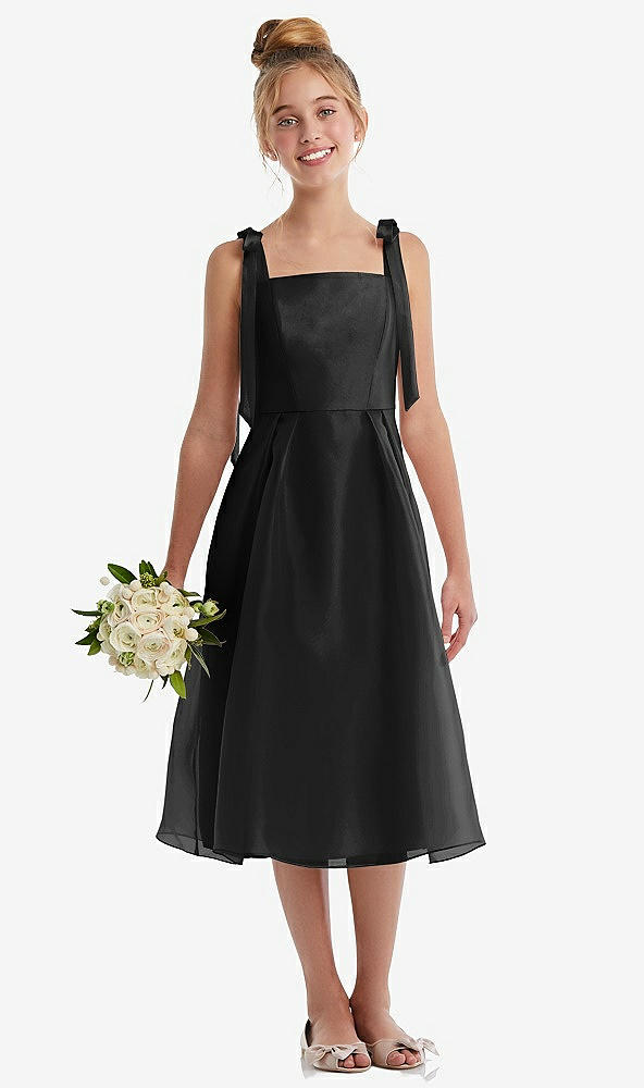 Front View - Black Tie Shoulder Pleated Full Skirt Junior Bridesmaid Dress