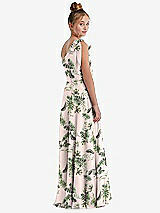 Rear View Thumbnail - Palm Beach Print One-Shoulder Scarf Bow Chiffon Junior Bridesmaid Dress