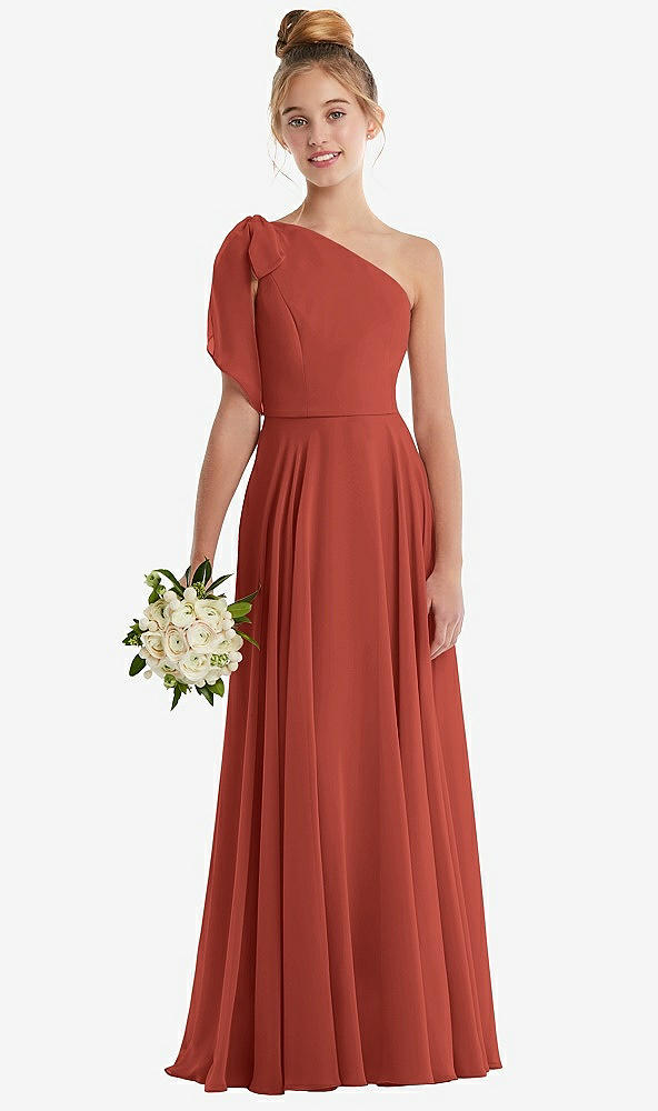 Front View - Amber Sunset One-Shoulder Scarf Bow Chiffon Junior Bridesmaid Dress