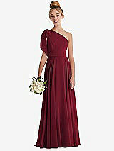 Front View Thumbnail - Burgundy One-Shoulder Scarf Bow Chiffon Junior Bridesmaid Dress