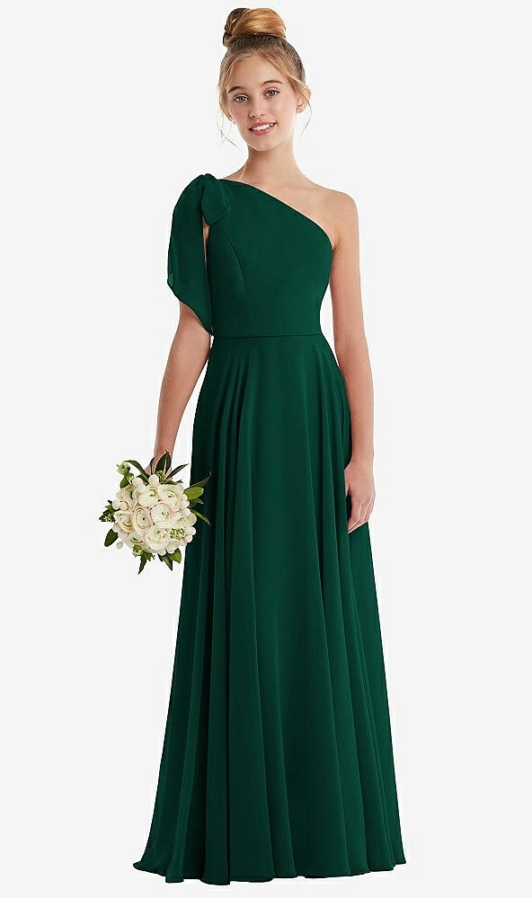 Front View - Hunter Green One-Shoulder Scarf Bow Chiffon Junior Bridesmaid Dress