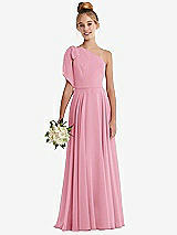 Front View Thumbnail - Peony Pink One-Shoulder Scarf Bow Chiffon Junior Bridesmaid Dress