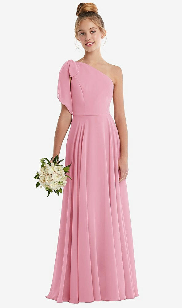 Front View - Peony Pink One-Shoulder Scarf Bow Chiffon Junior Bridesmaid Dress