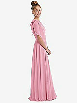 Side View Thumbnail - Peony Pink One-Shoulder Scarf Bow Chiffon Junior Bridesmaid Dress