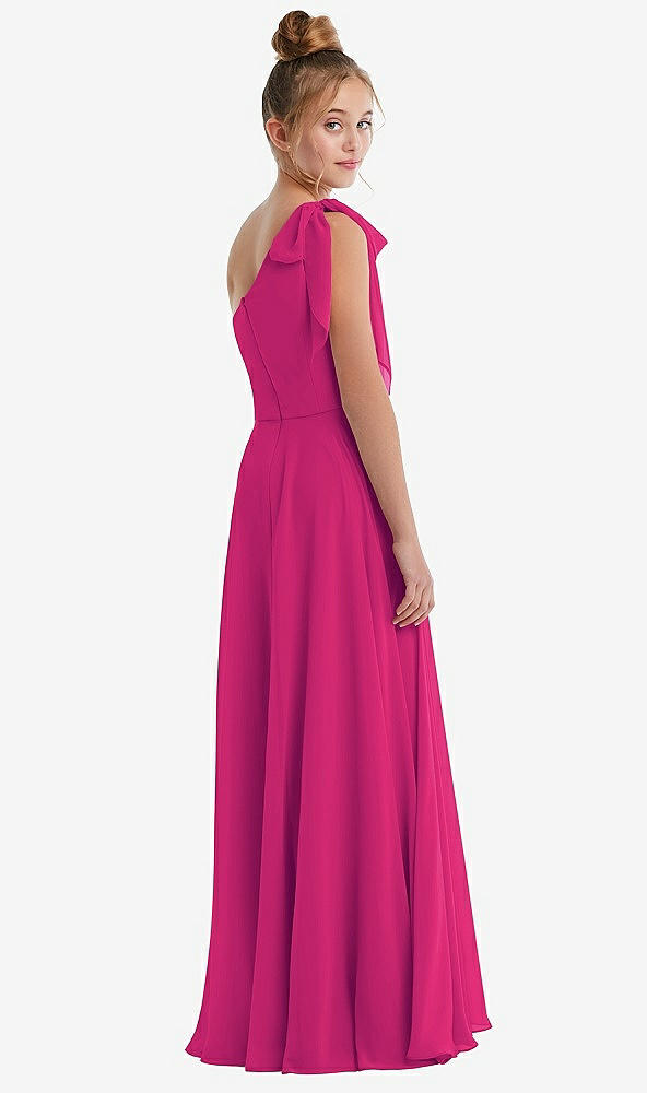 Back View - Think Pink One-Shoulder Scarf Bow Chiffon Junior Bridesmaid Dress