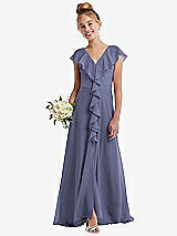 Front View Thumbnail - French Blue Cascading Ruffle Full Skirt Chiffon Junior Bridesmaid Dress