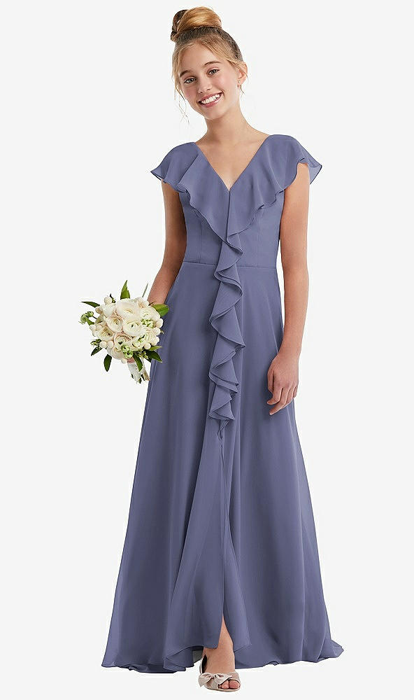 Front View - French Blue Cascading Ruffle Full Skirt Chiffon Junior Bridesmaid Dress