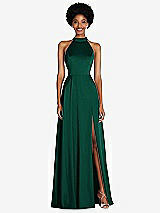 Front View Thumbnail - Hunter Green Stand Collar Cutout Tie Back Maxi Dress with Front Slit
