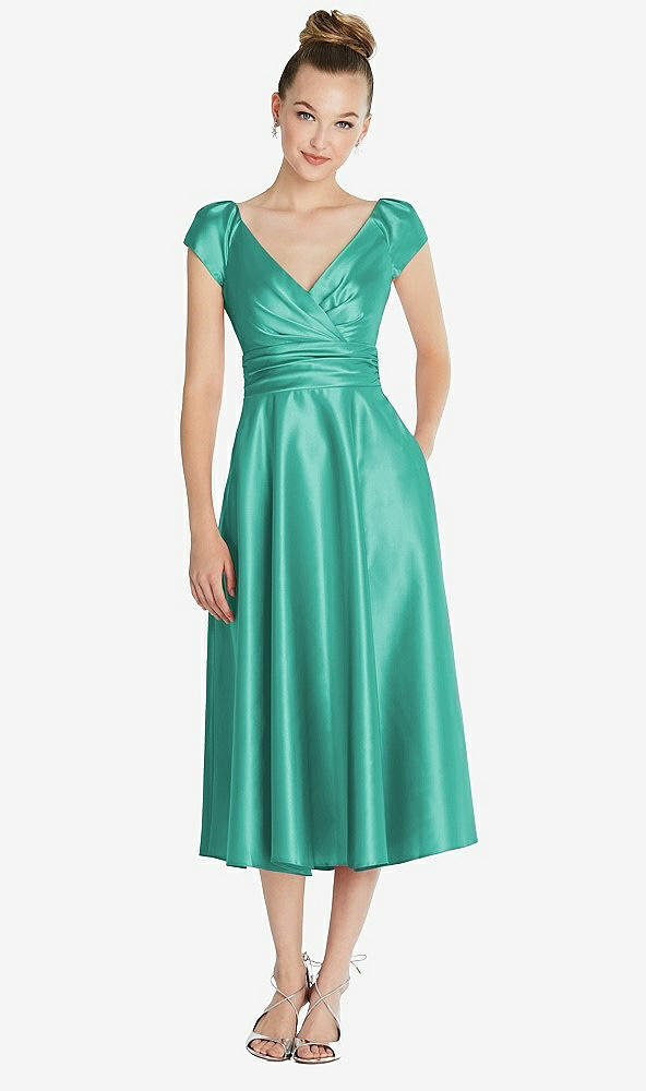 Front View - Pantone Turquoise Cap Sleeve Faux Wrap Satin Midi Dress with Pockets