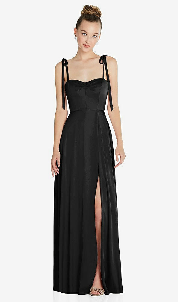 Front View - Black Tie Shoulder A-Line Maxi Dress with Pockets