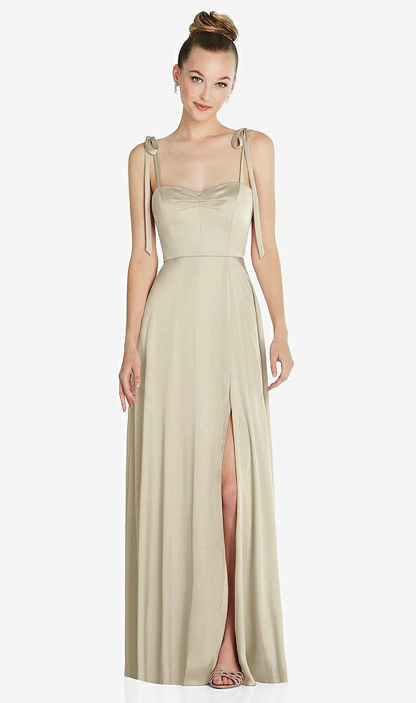 Front View - Champagne Tie Shoulder A-Line Maxi Dress with Pockets