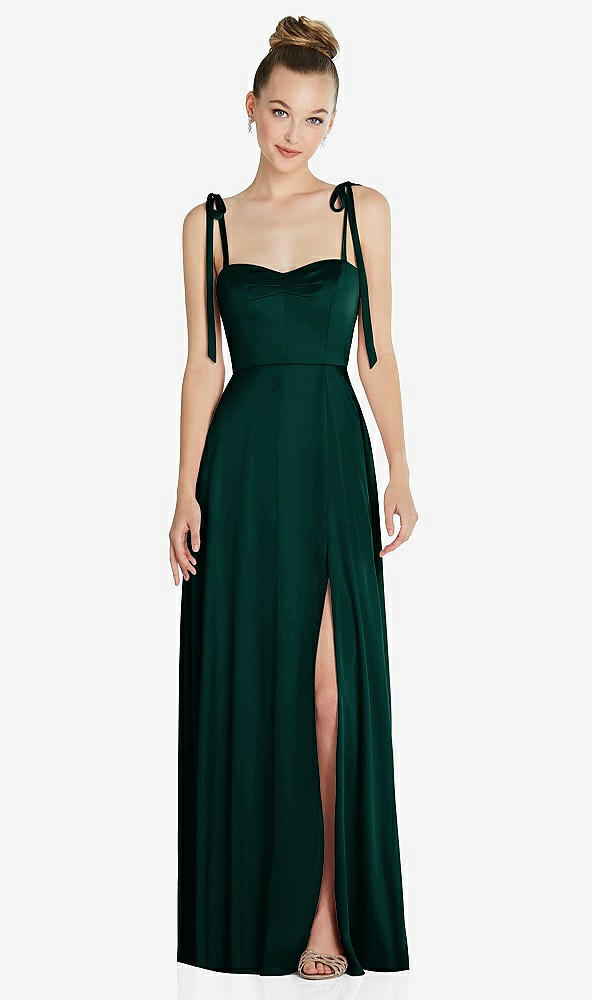 Front View - Evergreen Tie Shoulder A-Line Maxi Dress with Pockets