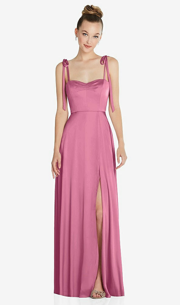 Front View - Orchid Pink Tie Shoulder A-Line Maxi Dress with Pockets