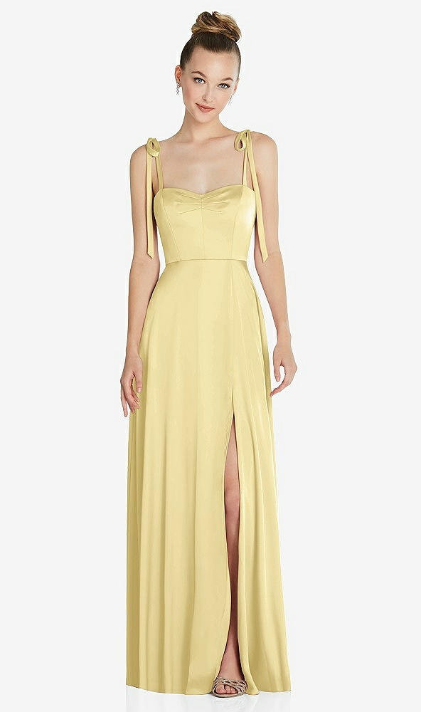 Front View - Pale Yellow Tie Shoulder A-Line Maxi Dress with Pockets