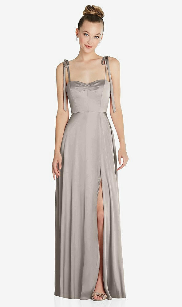 Front View - Taupe Tie Shoulder A-Line Maxi Dress with Pockets