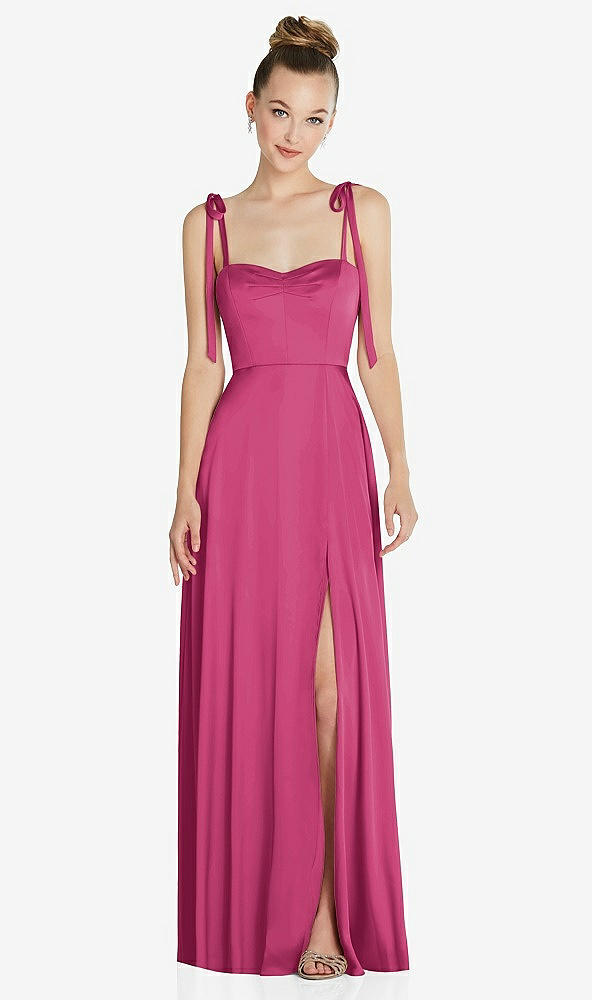 Front View - Tea Rose Tie Shoulder A-Line Maxi Dress with Pockets