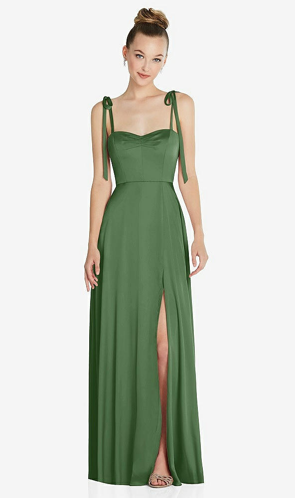 Front View - Vineyard Green Tie Shoulder A-Line Maxi Dress with Pockets