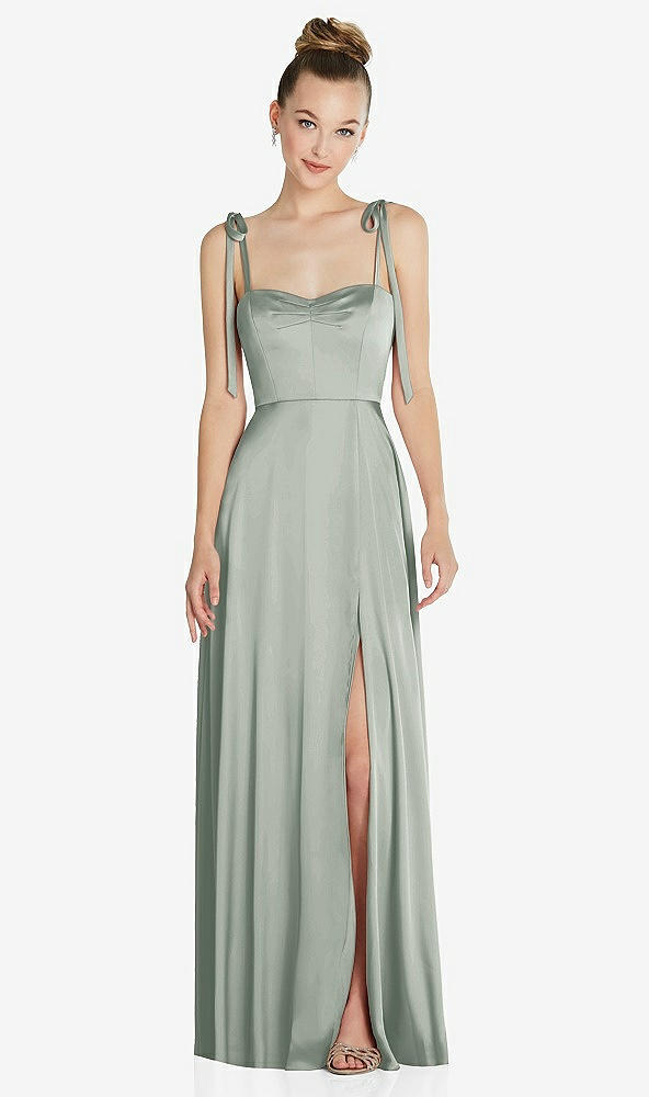 Front View - Willow Green Tie Shoulder A-Line Maxi Dress with Pockets