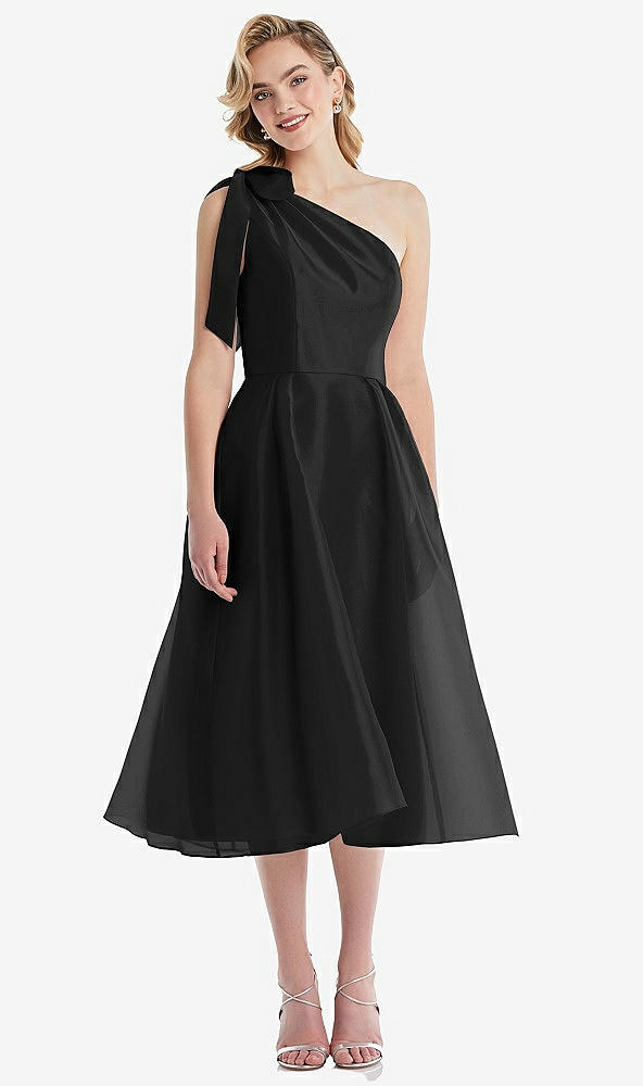 Front View - Black Scarf-Tie One-Shoulder Organdy Midi Dress 