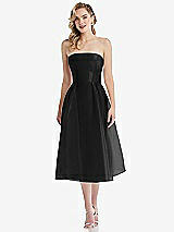 Front View Thumbnail - Black Strapless Pleated Skirt Organdy Midi Dress