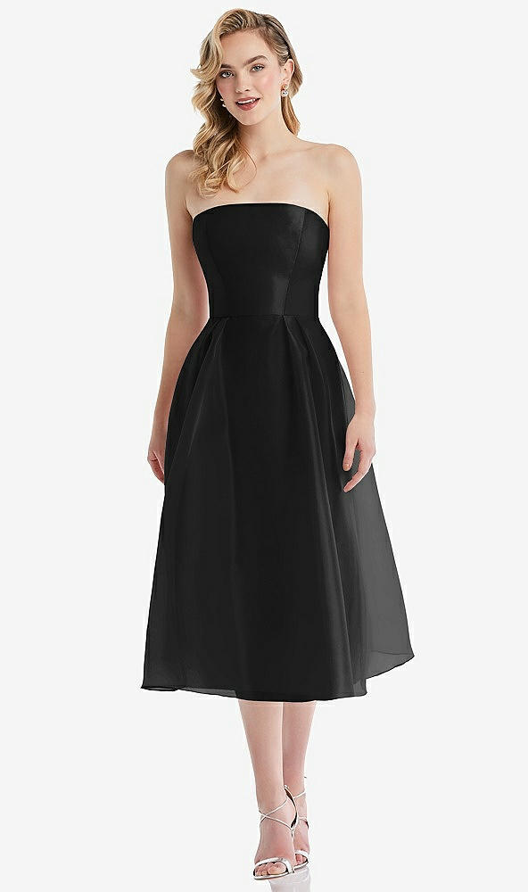 Front View - Black Strapless Pleated Skirt Organdy Midi Dress
