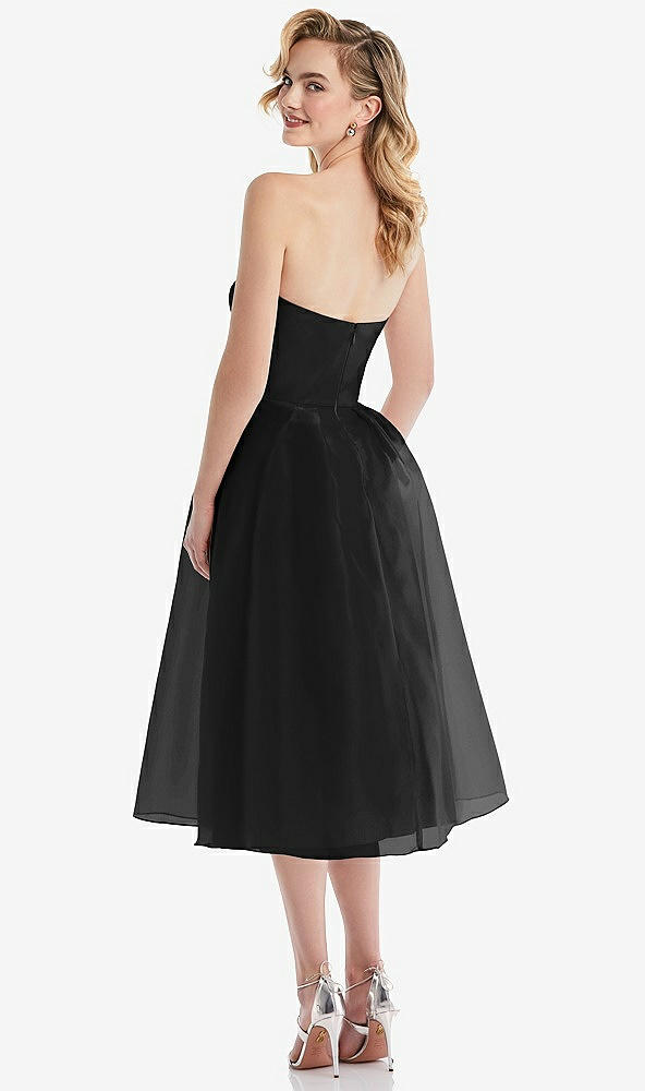 Back View - Black Strapless Pleated Skirt Organdy Midi Dress