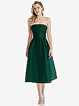 Front View Thumbnail - Hunter Green Strapless Pleated Skirt Organdy Midi Dress