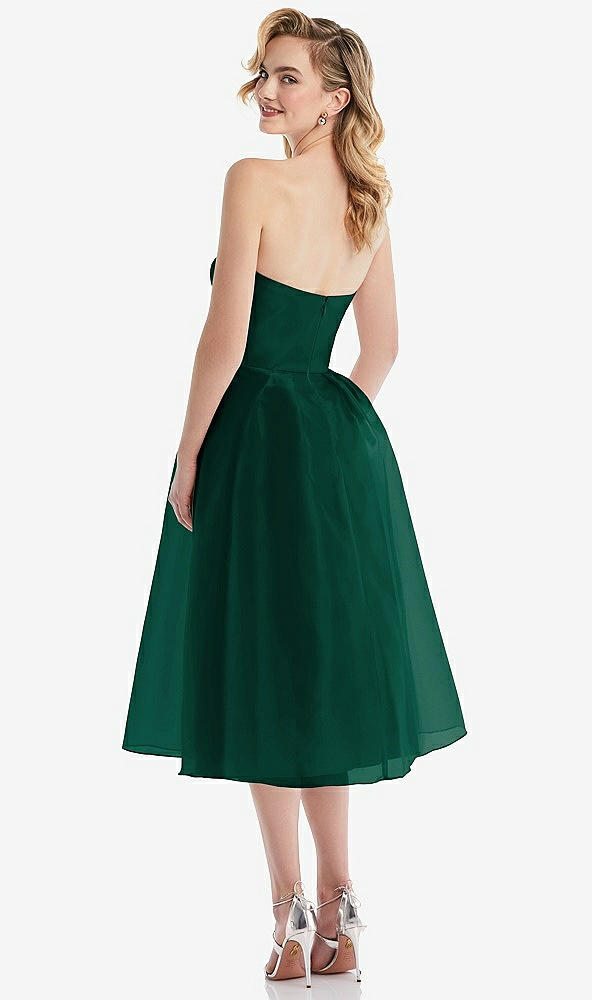 Back View - Hunter Green Strapless Pleated Skirt Organdy Midi Dress