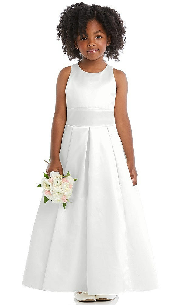 Front View - White Sleeveless Pleated Skirt Satin Flower Girl Dress
