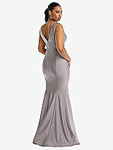 Rear View Thumbnail - Cashmere Gray Shirred Shoulder Stretch Satin Mermaid Dress with Slight Train