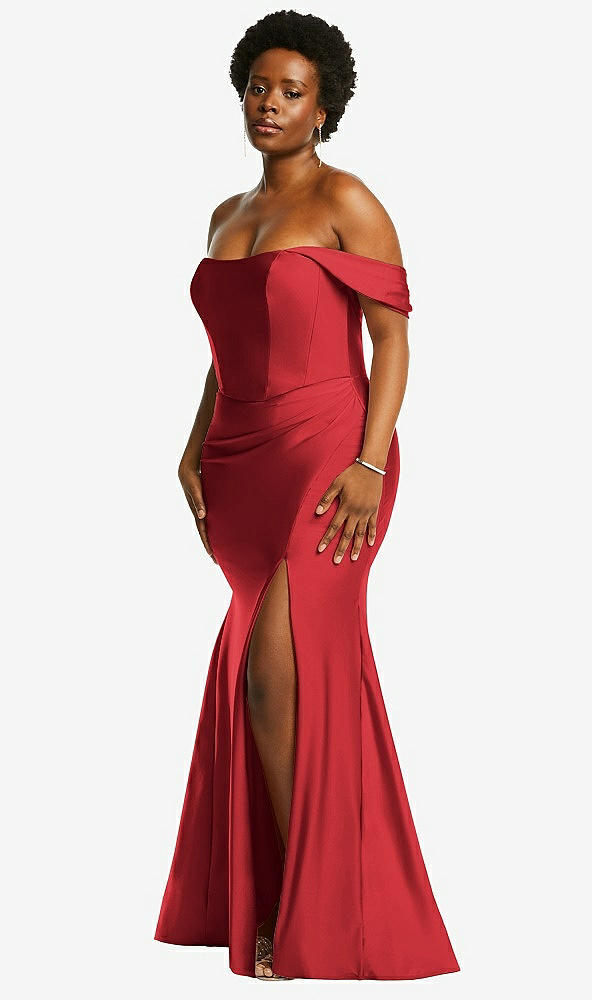 Back View - Poppy Red Off-the-Shoulder Corset Stretch Satin Mermaid Dress with Slight Train