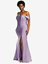 Side View Thumbnail - Pale Purple Off-the-Shoulder Corset Stretch Satin Mermaid Dress with Slight Train