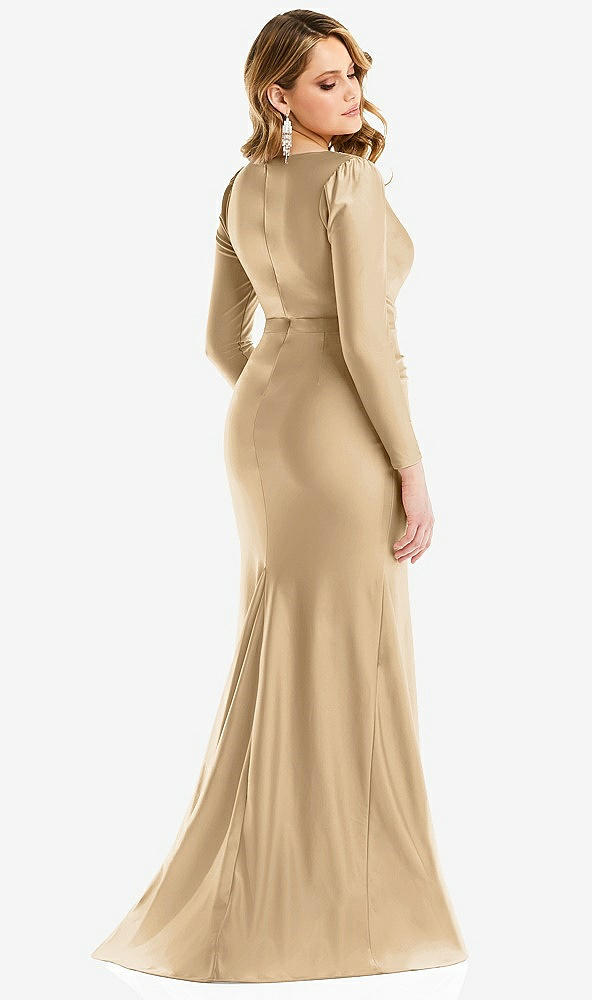 Back View - Soft Gold Long Sleeve Draped Wrap Stretch Satin Mermaid Dress with Slight Train