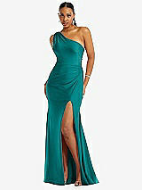 Front View Thumbnail - Peacock Teal One-Shoulder Asymmetrical Cowl Back Stretch Satin Mermaid Dress
