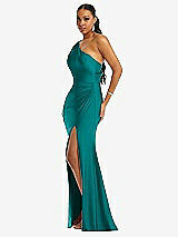 Side View Thumbnail - Peacock Teal One-Shoulder Asymmetrical Cowl Back Stretch Satin Mermaid Dress