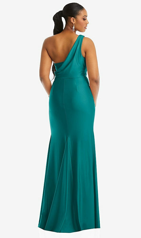 Back View - Peacock Teal One-Shoulder Asymmetrical Cowl Back Stretch Satin Mermaid Dress