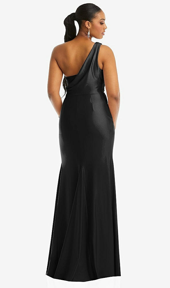 Back View - Black One-Shoulder Asymmetrical Cowl Back Stretch Satin Mermaid Dress
