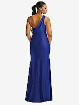 Rear View Thumbnail - Cobalt Blue One-Shoulder Asymmetrical Cowl Back Stretch Satin Mermaid Dress