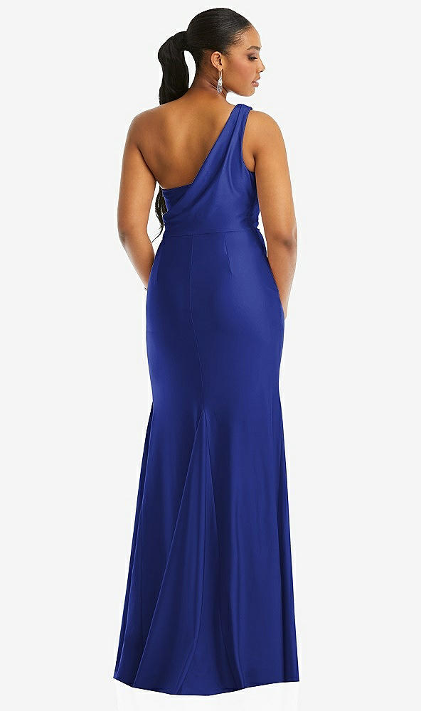 Back View - Cobalt Blue One-Shoulder Asymmetrical Cowl Back Stretch Satin Mermaid Dress