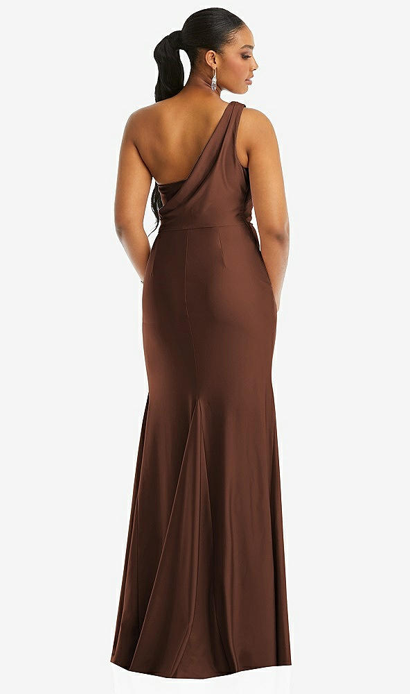 Back View - Cognac One-Shoulder Asymmetrical Cowl Back Stretch Satin Mermaid Dress