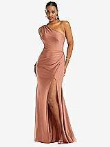 Front View Thumbnail - Copper Penny One-Shoulder Asymmetrical Cowl Back Stretch Satin Mermaid Dress