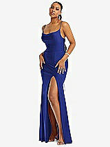 Alt View 1 Thumbnail - Cobalt Blue Cowl-Neck Open Tie-Back Stretch Satin Mermaid Dress with Slight Train