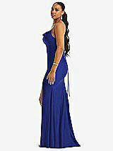 Side View Thumbnail - Cobalt Blue Cowl-Neck Open Tie-Back Stretch Satin Mermaid Dress with Slight Train