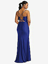 Rear View Thumbnail - Cobalt Blue Cowl-Neck Open Tie-Back Stretch Satin Mermaid Dress with Slight Train