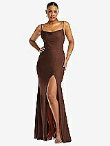 Front View Thumbnail - Cognac Cowl-Neck Open Tie-Back Stretch Satin Mermaid Dress with Slight Train