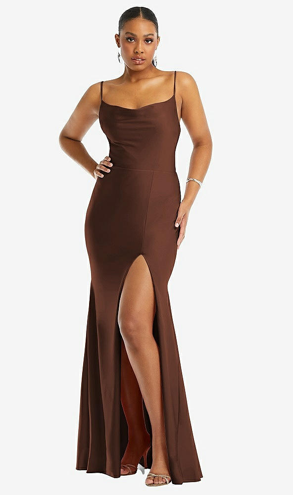 Front View - Cognac Cowl-Neck Open Tie-Back Stretch Satin Mermaid Dress with Slight Train