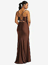 Rear View Thumbnail - Cognac Cowl-Neck Open Tie-Back Stretch Satin Mermaid Dress with Slight Train
