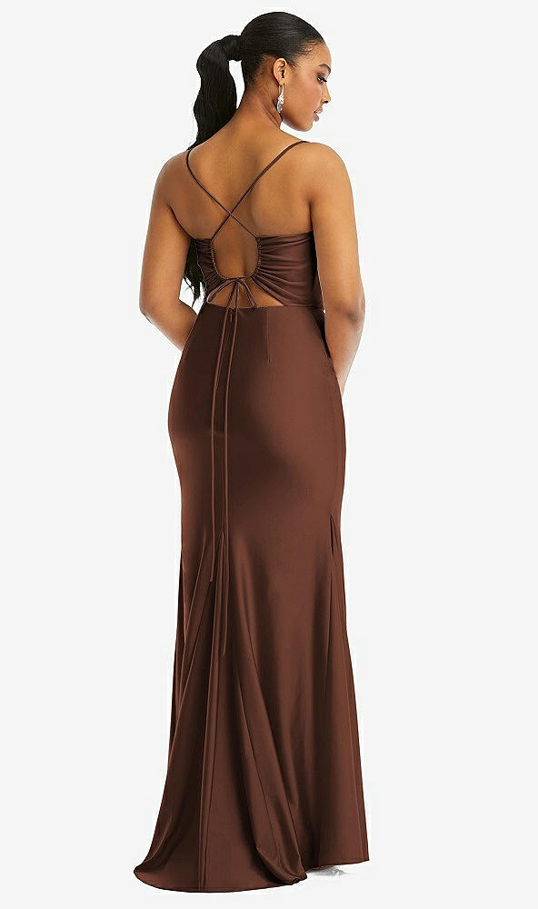 Back View - Cognac Cowl-Neck Open Tie-Back Stretch Satin Mermaid Dress with Slight Train