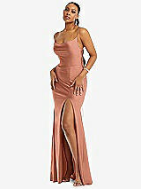 Alt View 1 Thumbnail - Copper Penny Cowl-Neck Open Tie-Back Stretch Satin Mermaid Dress with Slight Train
