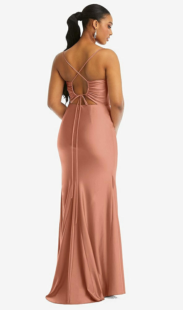 Back View - Copper Penny Cowl-Neck Open Tie-Back Stretch Satin Mermaid Dress with Slight Train